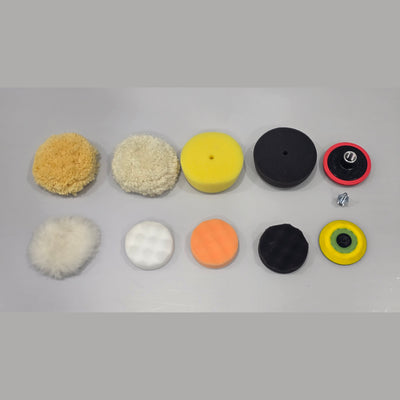 10 Piece Polishing Pad Set. 2 x Backings with Fine, Course, & Wool Pads